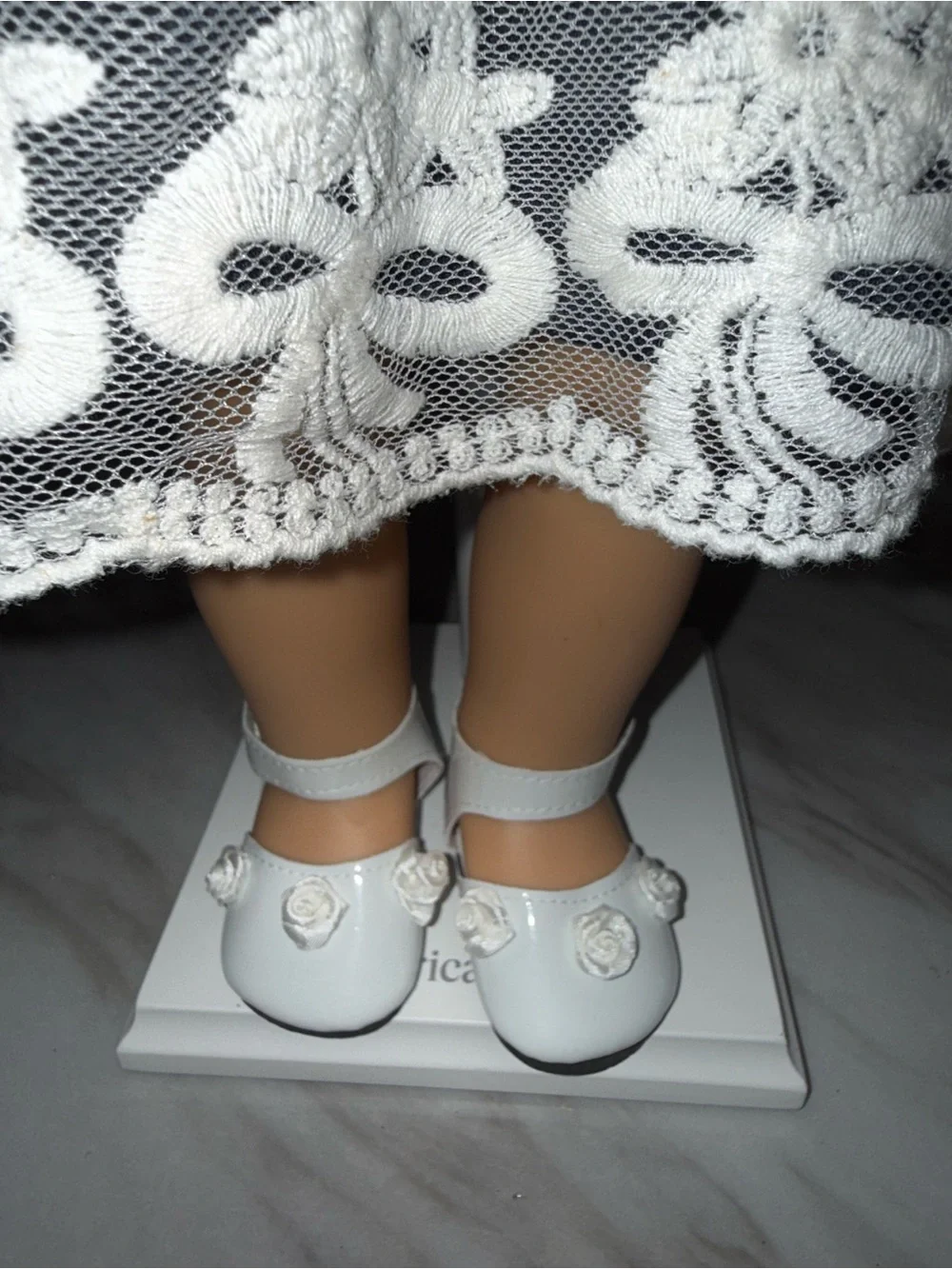 18” dolls white navy blue striped dress lace embroidered skirt Mary Jane’s